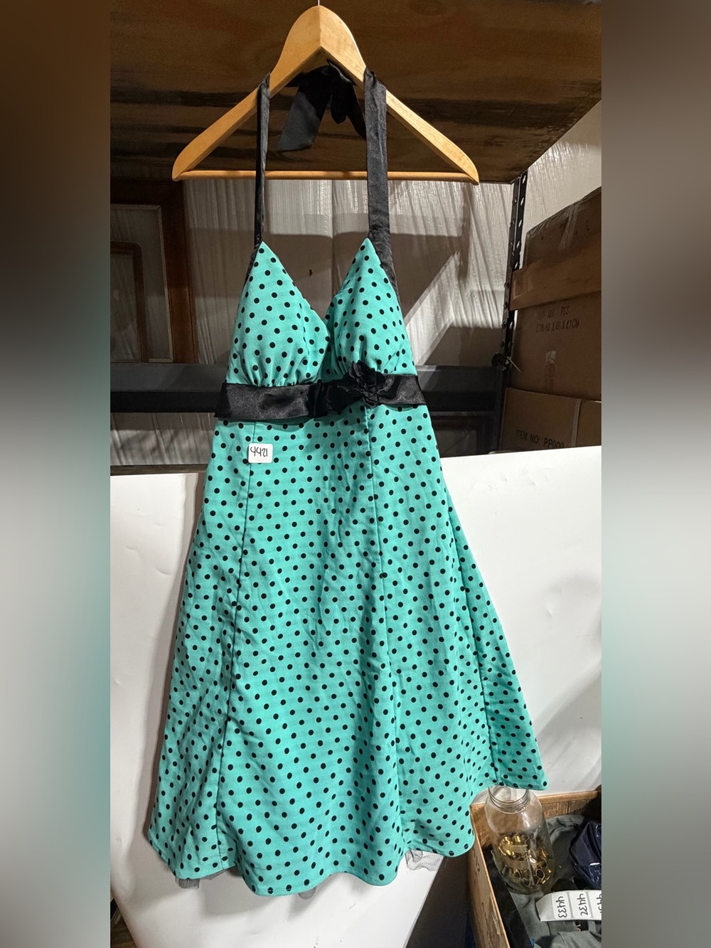 #4421-Ruby Rox Aqua Polka Dot Halter Dress with Black Accents